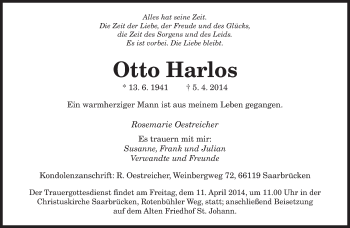 Traueranzeige von Otto Harlos von saarbruecker_zeitung