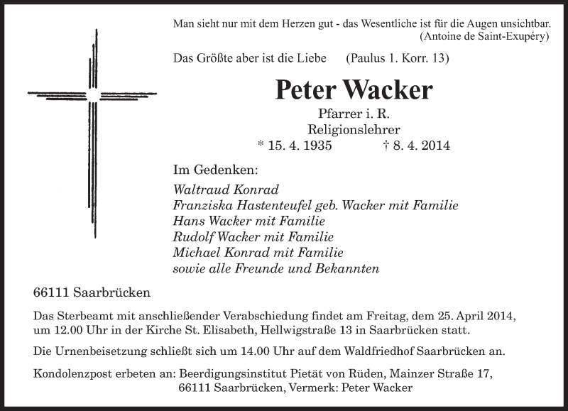  Traueranzeige für Peter Wacker vom 19.04.2014 aus saarbruecker_zeitung