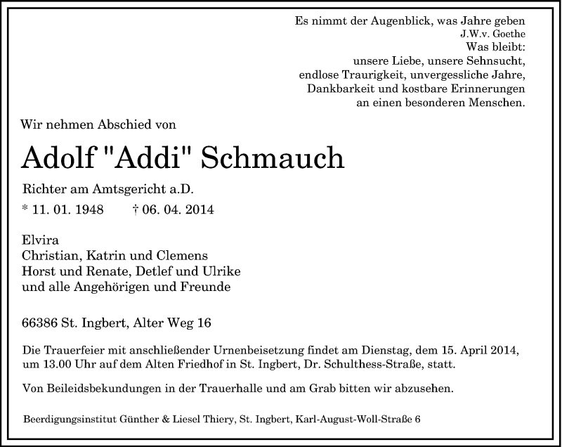  Traueranzeige für Adolf  Schmauch vom 11.04.2014 aus saarbruecker_zeitung