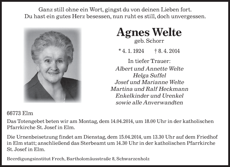 Traueranzeigen Von Agnes Welte Saarbruecker Zeitung Trauer De