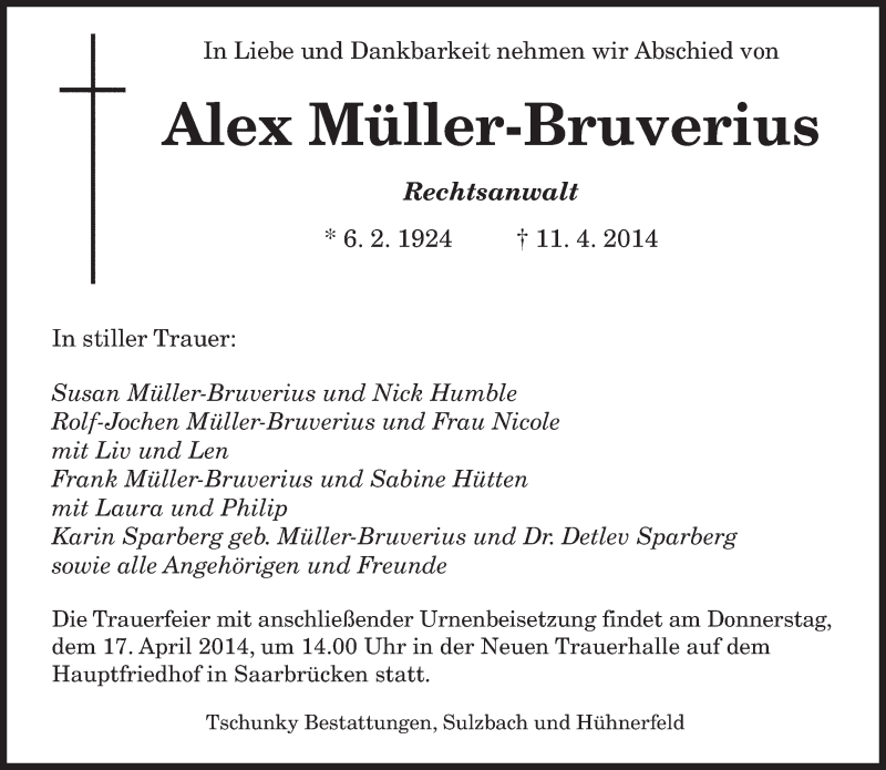  Traueranzeige für Alex Müller-Bruverius vom 15.04.2014 aus saarbruecker_zeitung