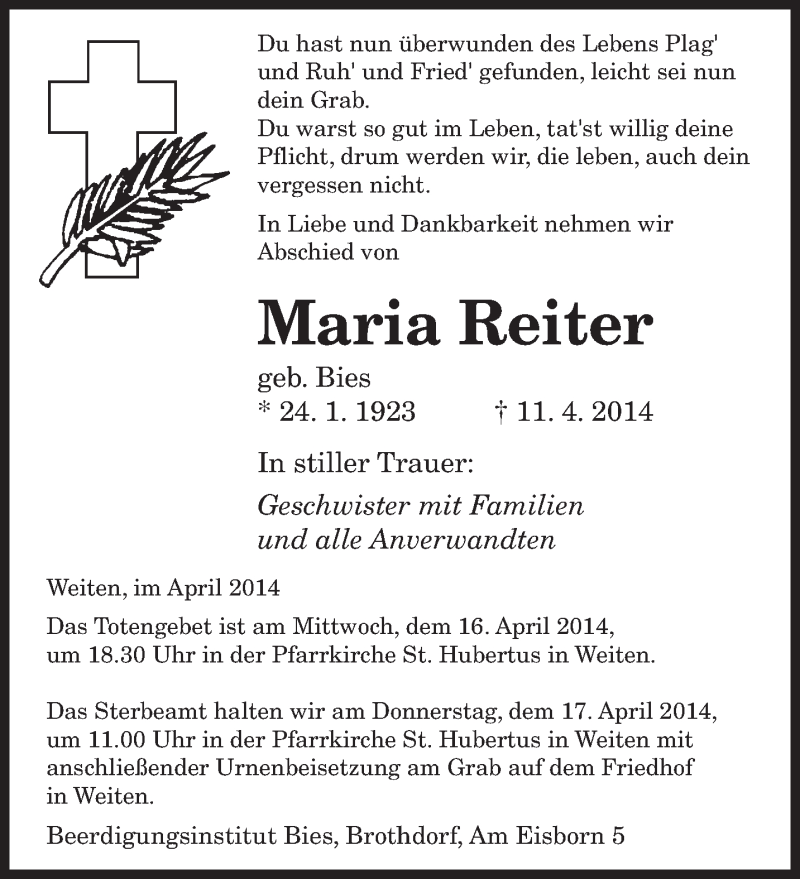 Traueranzeigen Von Maria Reiter Saarbruecker Zeitung Trauer De