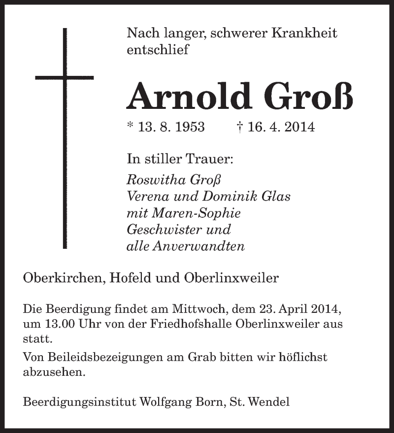  Traueranzeige für Arnold Josef Groß vom 22.04.2014 aus saarbruecker_zeitung