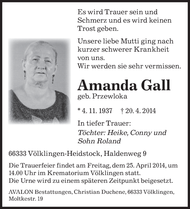  Traueranzeige für Amanda Gall vom 23.04.2014 aus saarbruecker_zeitung