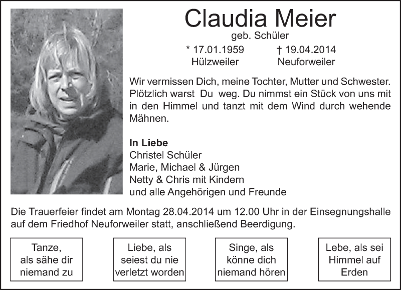  Traueranzeige für Claudia Meier vom 26.04.2014 aus saarbruecker_zeitung