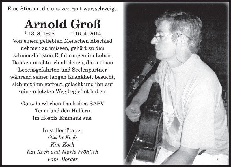  Traueranzeige für Arnold Josef Groß vom 26.04.2014 aus saarbruecker_zeitung