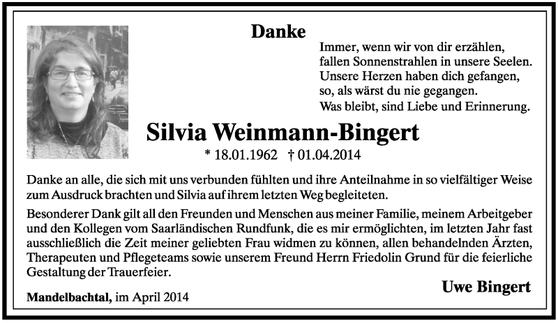  Traueranzeige für Silvia Weinmann-Bingert vom 26.04.2014 aus saarbruecker_zeitung