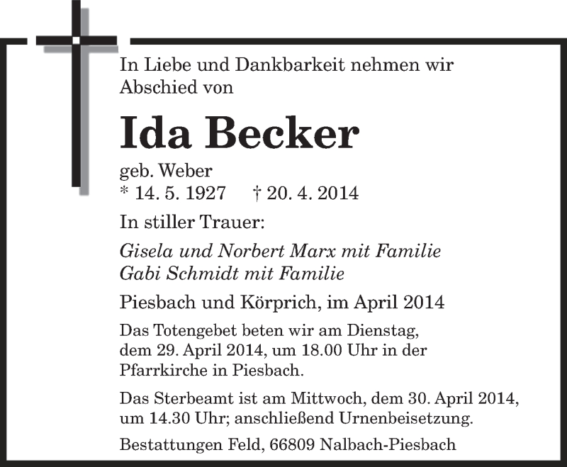  Traueranzeige für Ida Becker vom 28.04.2014 aus saarbruecker_zeitung