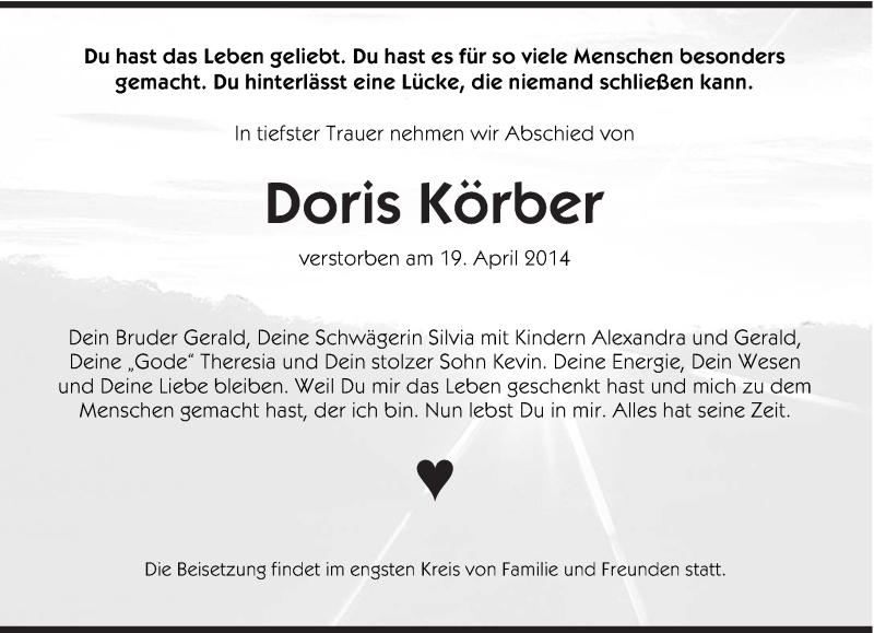  Traueranzeige für Doris Körber vom 30.04.2014 aus saarbruecker_zeitung