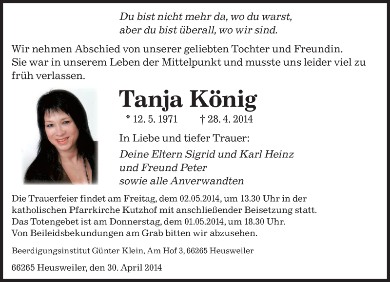  Traueranzeige für Tanja König vom 30.04.2014 aus saarbruecker_zeitung