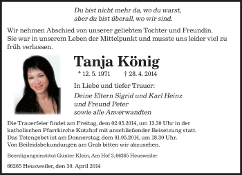 Traueranzeige von Tanja König von saarbruecker_zeitung