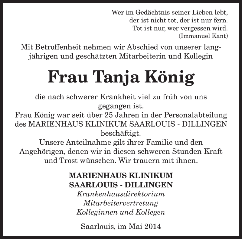  Traueranzeige für Tanja König vom 03.05.2014 aus saarbruecker_zeitung