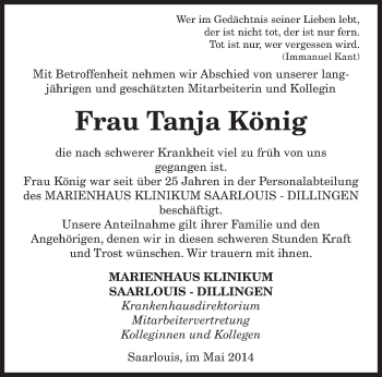 Traueranzeige von Tanja König von saarbruecker_zeitung