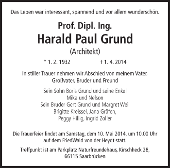 Traueranzeige von Harald Paul Grund von saarbruecker_zeitung