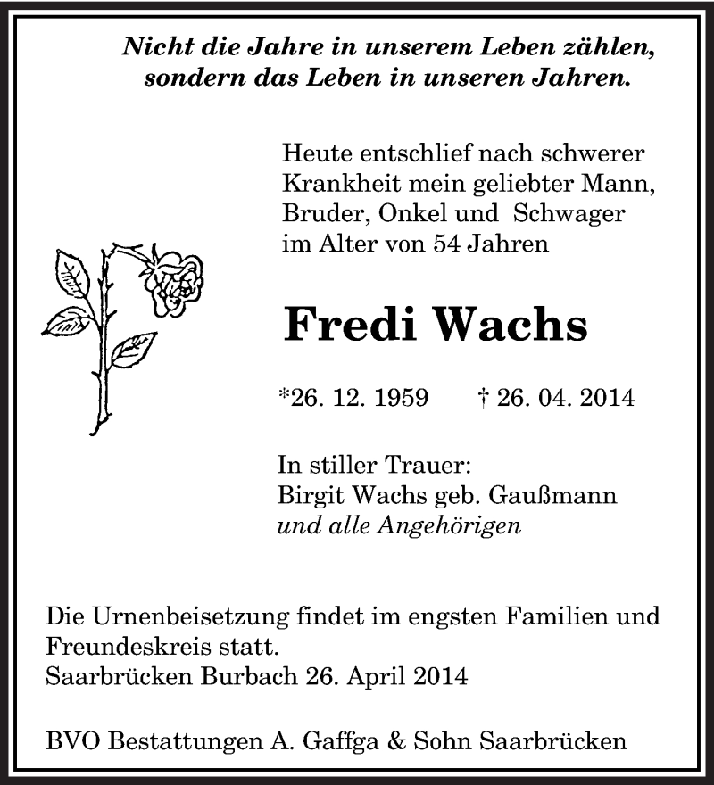  Traueranzeige für Fredi Wachs vom 03.05.2014 aus saarbruecker_zeitung
