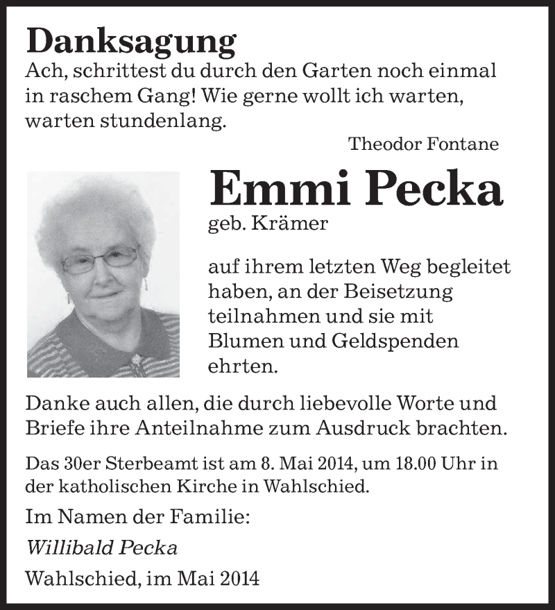  Traueranzeige für Emmi Pecka vom 06.05.2014 aus saarbruecker_zeitung