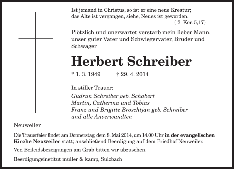  Traueranzeige für Herbert Schreiber vom 06.05.2014 aus saarbruecker_zeitung