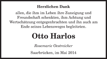 Traueranzeige von Otto Harlos von saarbruecker_zeitung