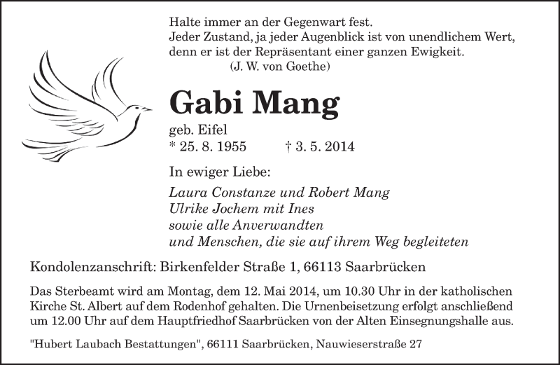  Traueranzeige für Gabi Mang vom 08.05.2014 aus saarbruecker_zeitung
