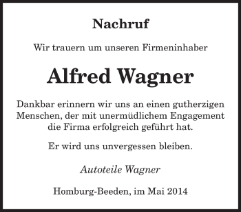 Traueranzeige von Alfred Wagner von saarbruecker_zeitung