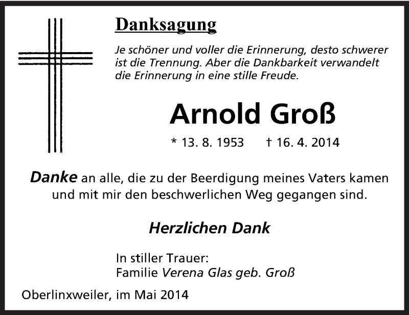  Traueranzeige für Arnold Josef Groß vom 10.05.2014 aus saarbruecker_zeitung