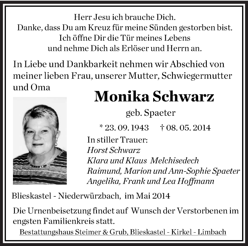  Traueranzeige für Monika Schwarz vom 14.05.2014 aus saarbruecker_zeitung