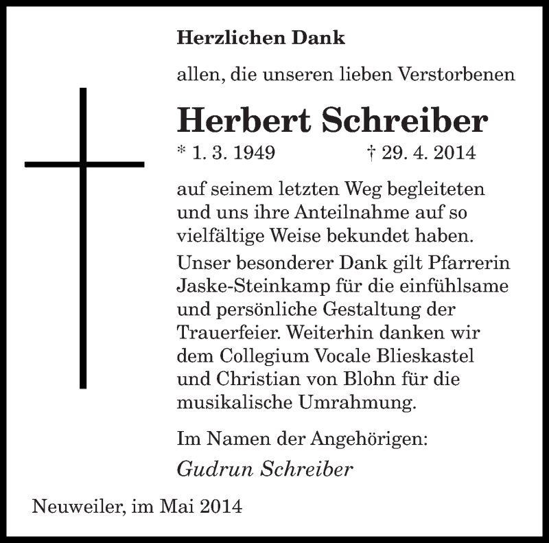  Traueranzeige für Herbert Schreiber vom 17.05.2014 aus saarbruecker_zeitung