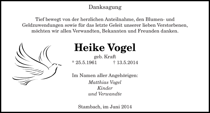  Traueranzeige für Heike Vogel vom 02.06.2014 aus saarbruecker_zeitung