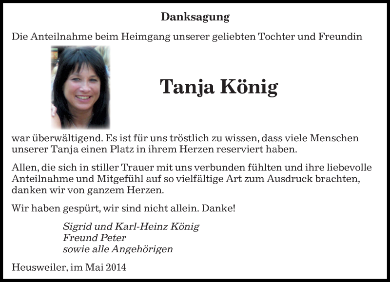  Traueranzeige für Tanja König vom 17.05.2014 aus saarbruecker_zeitung