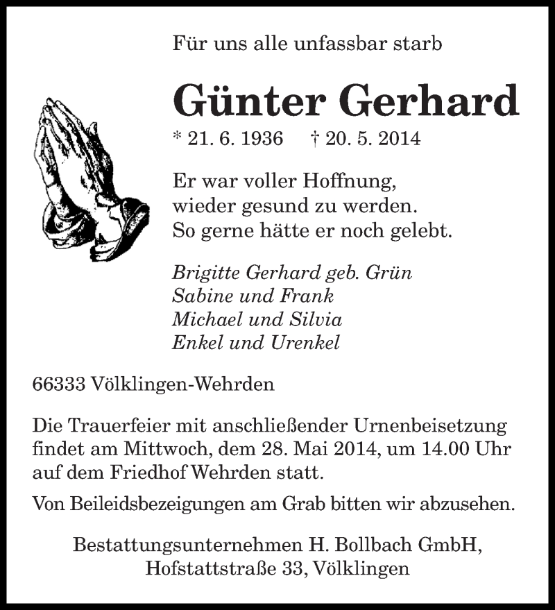  Traueranzeige für Günter Gerhard vom 24.05.2014 aus saarbruecker_zeitung