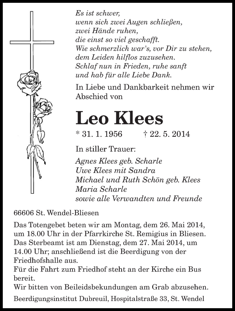  Traueranzeige für Leo Klees vom 24.05.2014 aus saarbruecker_zeitung