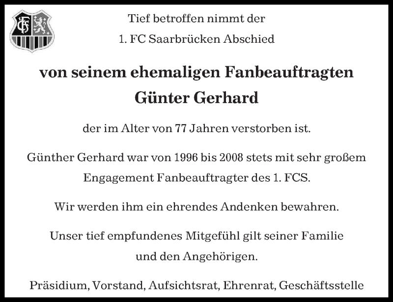  Traueranzeige für Günter Gerhard vom 26.05.2014 aus saarbruecker_zeitung