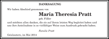 Traueranzeige von Maria Theresia Pratt von saarbruecker_zeitung