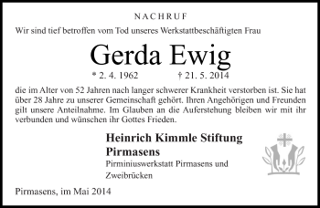 Traueranzeige von Gerda Ewig von Saarbrücker Zeitung