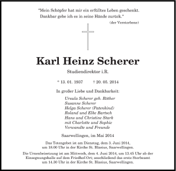 Traueranzeigen Von Karl Heinz Scherer Saarbruecker Zeitung Trauer De