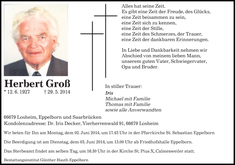  Traueranzeige für Herbert Groß vom 31.05.2014 aus saarbruecker_zeitung