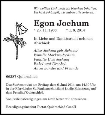 Traueranzeigen Von Egon Jochum Saarbruecker Zeitung Trauer De