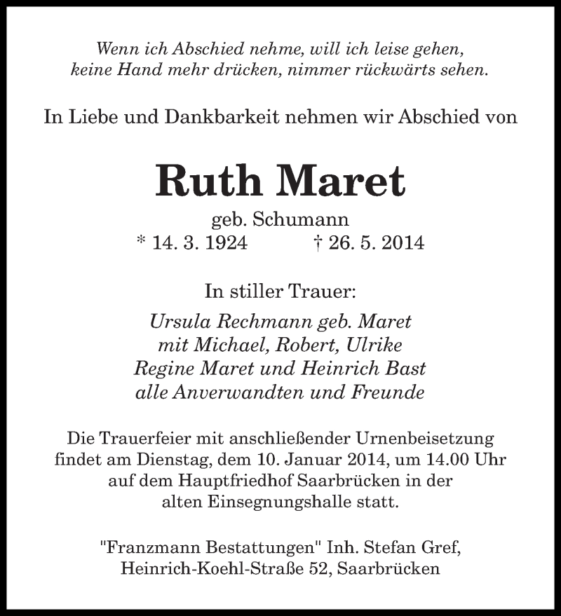  Traueranzeige für Ruth Maret vom 04.06.2014 aus saarbruecker_zeitung