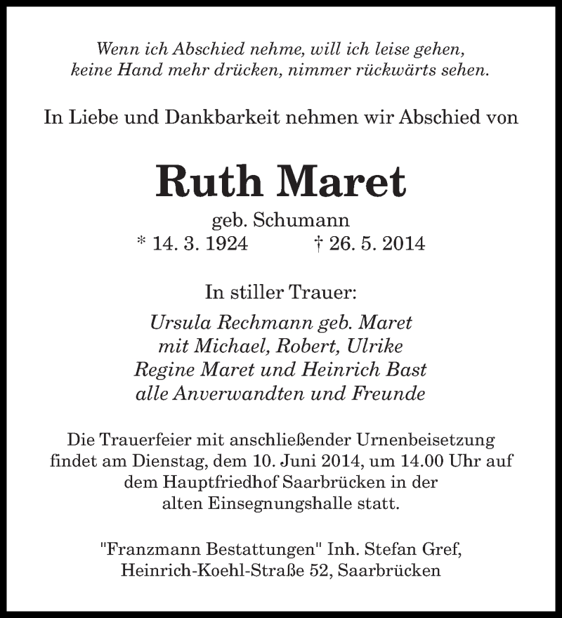  Traueranzeige für Ruth Maret vom 05.06.2014 aus saarbruecker_zeitung