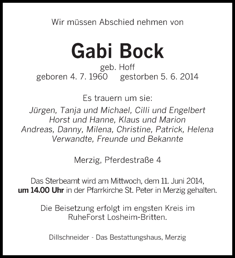  Traueranzeige für Gabi Bock vom 07.06.2014 aus saarbruecker_zeitung