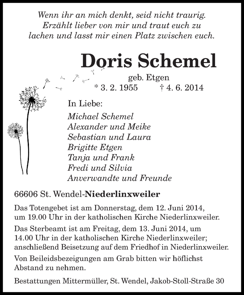  Traueranzeige für Doris Schemel vom 10.06.2014 aus saarbruecker_zeitung