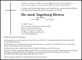 Traueranzeige von Ingeborg Dewes von saarbruecker_zeitung