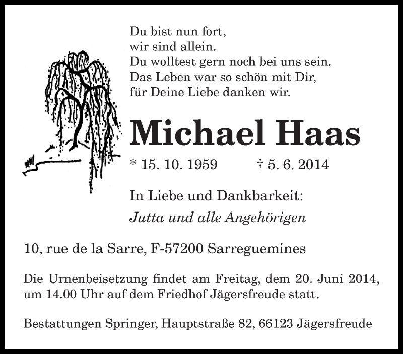  Traueranzeige für Michael Haas vom 13.06.2014 aus saarbruecker_zeitung