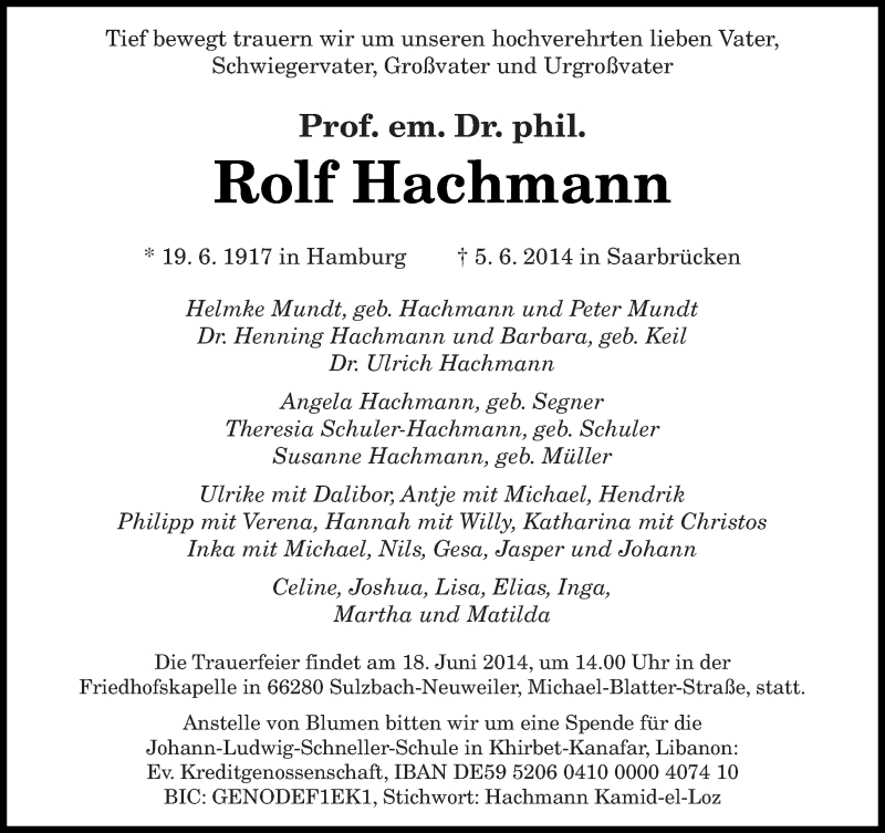  Traueranzeige für Rolf Hachmann vom 14.06.2014 aus saarbruecker_zeitung