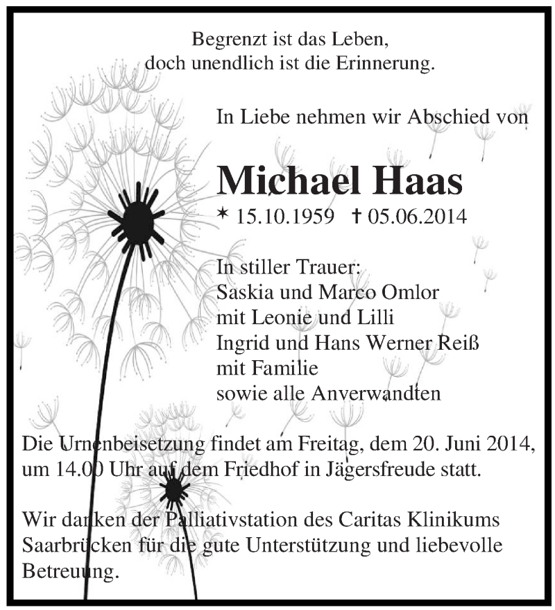  Traueranzeige für Michael Haas vom 14.06.2014 aus saarbruecker_zeitung