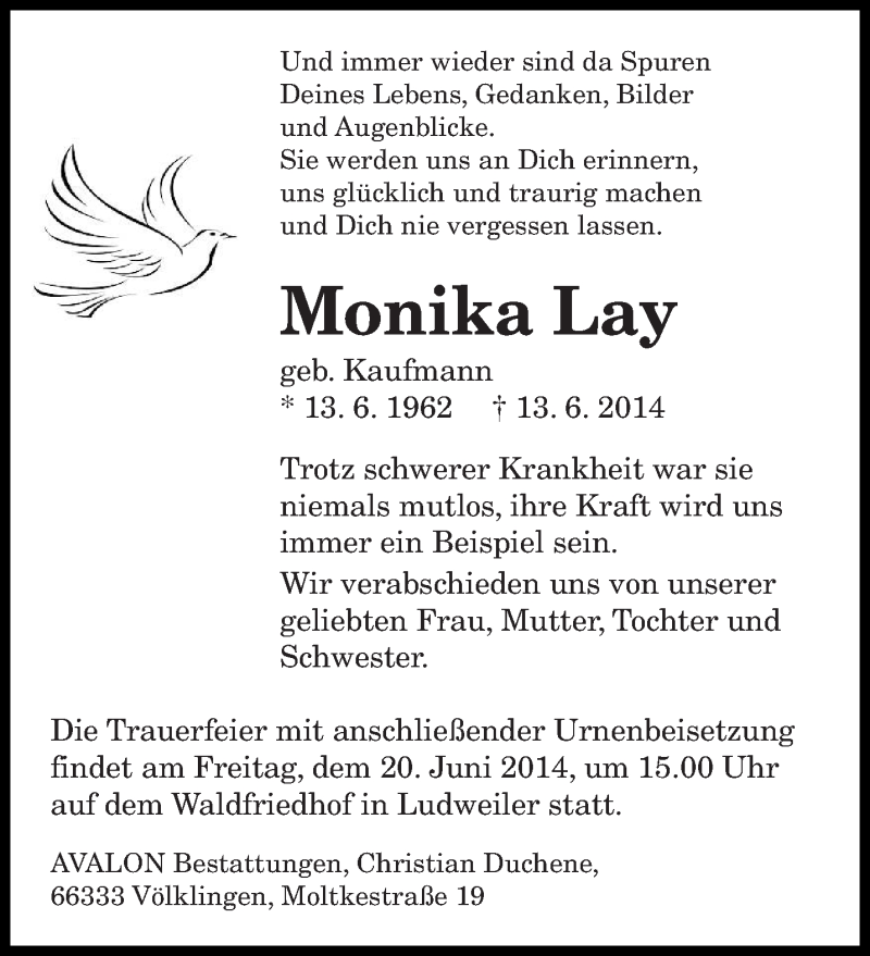  Traueranzeige für Monika Lay vom 18.06.2014 aus saarbruecker_zeitung
