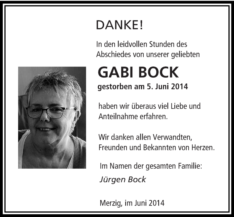  Traueranzeige für Gabi Bock vom 27.06.2014 aus saarbruecker_zeitung