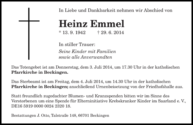  Traueranzeige für Heinz Emmel vom 02.07.2014 aus saarbruecker_zeitung