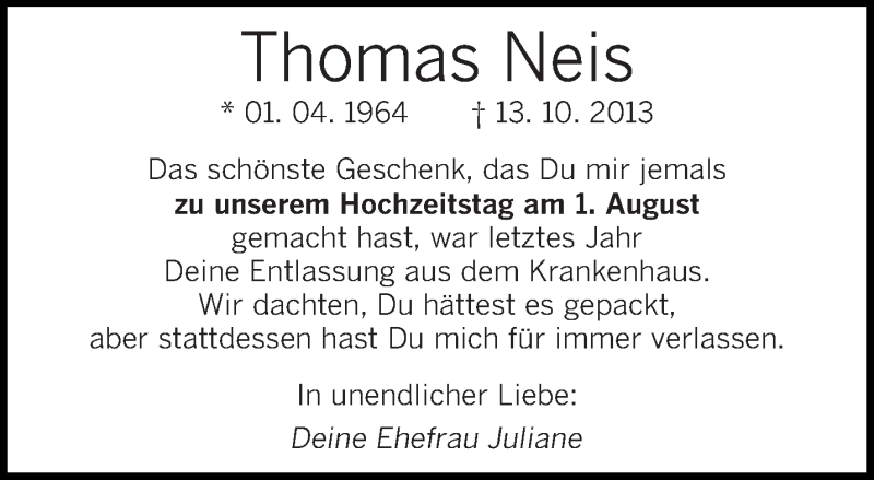  Traueranzeige für Thomas Neis vom 01.08.2014 aus saarbruecker_zeitung
