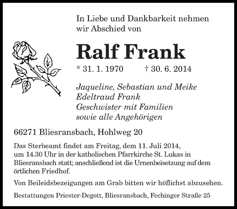  Traueranzeige für Ralf Frank vom 05.07.2014 aus saarbruecker_zeitung